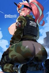 ai_generated ass_focus azur_lane bremerton_(azur_lane) bulletproof bulletproof_vest evilkuro05 looking_back massive_ass pink_hair squatting tactical_clothes thiccwithaq_(ai_style)