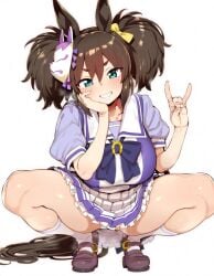 ai_generated animal_ears big_breasts breasts brown_hair dark-skinned_female dark_skin female fetish green_eyes hair_accessory hair_ornament horse_girl inari_one_(umamusume) legs long_hair long_hair_female school_uniform twintails umamusume umamusume_pretty_derby