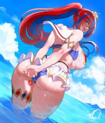 1girls :d alear_(female)_(fire_emblem) alear_(female)_(seaside_dragon)_(fire_emblem) alear_(fire_emblem) alternate_breast_size alternate_costume alternate_hairstyle anal anal_beads anal_object_insertion arms_behind_back ass back_view bare_shoulders beads big_ass bikini blue_eyes blue_hair blue_sky breasts clothing cloud day female female_only fire_emblem fire_emblem_engage fire_emblem_heroes hair_flower hair_ornament highres huge_breasts large_ass large_breasts light-skinned_female light_skin long_hair looking_back multicolored_hair nintendo object_insertion ocean official_alternate_costume official_alternate_hairstyle open_mouth ponytail red_hair sharp_teeth sky smile solo streaked_hair swimsuit teeth thiccwithaq thick_thighs thighs water white_bikini white_swimsuit