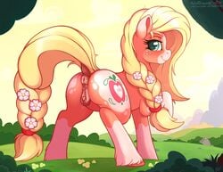 2017 absurd_res anatomically_correct anatomically_correct_pussy animal_genitalia animal_pussy anus ass braided_hair clitoral_winking clitoris cutie_mark dock earth_pony equine equine_pussy female flower freckles hair hair_flower hi_res horse long_hair looking_at_viewer mammal my_little_pony outside plant pony presenting presenting_anus presenting_pussy pussy ratofdrawn solo