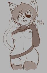 2023 alternate_species anthro black_and_white breasts_out cat_ears cat_tail catgirl dated eyepatch furry futanari gloves japanese_text looking_down_at_viewer monochrome seductive skeleharpy sketch solo_futa text thighhighs tongue_out two_tone_hair undressing