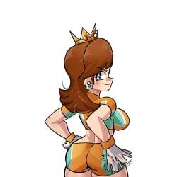 1girls ass big_ass big_breasts blue_eyes breasts brown_hair busty confident curvy fat_ass female female_only gloves hand_on_hip highres large_breasts legs looking_at_viewer looking_back mario_(series) mario_strikers midriff moxydrawsmore naughty_face nintendo pose posing princess_daisy sensual short_hair shorts sideboob smile soccer soccer_uniform solo spanked spanking spanking_self sportswear taunting teasing teeth thighs tongue voluptuous