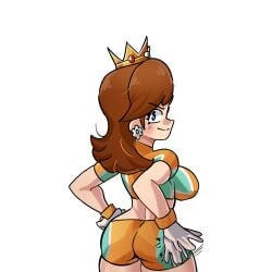 1girls ass big_ass big_breasts blue_eyes breasts brown_hair busty confident curvy daisy's_hot_stuff_(trend) fat_ass female female_only gloves hand_on_hip highres large_breasts legs looking_at_viewer looking_back mario_(series) mario_strikers midriff moxydrawsmore naughty_face nintendo pose posing princess_daisy sensual short_hair shorts sideboob smile soccer soccer_uniform solo spanked spanking spanking_self sportswear taunting teasing teeth thighs tongue voluptuous