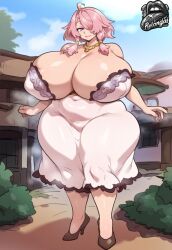 ai_generated big_breasts dress huge_breasts large_breasts outdoors outside pink_hair relongiainsfw taoqi_(wuthering_waves) thick_thighs white_dress wide_hips wuthering_waves