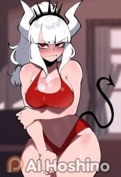 ai_generated blush bra embarrassed embarrassed_nude_female female helltaker highres hoshino_ai_(generated) looking_at_viewer lucifer_(helltaker) panties ponytail portrait shy solo thiccwithaq_(ai_style) thick_ass thick_thighs tying_hair underwear_only upper_body wet white_hair