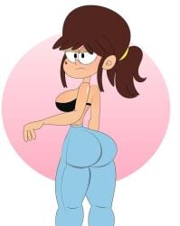 1girls black_bra blue_leggings blue_yoga_pants bra breasts brown_hair feet female female_only female_solo fiona_(the_loud_house) gothboi leggings looking_at_viewer looking_back nickelodeon no_shirt one_female only_female ponytail shirtless solo solo_female solo_only the_loud_house yoga_pants