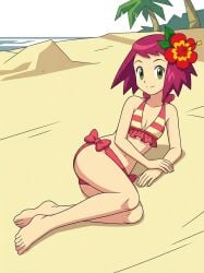 ai_generated ass barefoot beach bikini cleavage flat_chest flat_chested flower_in_hair halterneck hibiki_misora looking_at_viewer lying_down lying_on_side magenta_hair mega_man mega_man_star_force ryuusei_no_rockman short_hair small_breasts sonia_strumm teenage_girl teenager
