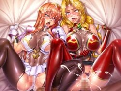 1boy 2girls ahe_gao alicia_viewstream armor ass bed blonde_hair blush breasts censored cum cum_in_pussy curvy facial female gloves hair_ornament huge_ass jewelry kagami_hirotaka kangoku_senkan kangoku_senkan_2 large_breasts legs_up lilith-soft looking_at_viewer lying maya_cordelia missionary moaning multiple_girls no_bra on_bed orange_hair panties_aside penetration penis princess purple_eyes pussy pussy_juice queen red_eyes red_hair saliva see-through sex shiny shiny_clothes shiny_hair sideboob skin_tight smile spread_legs straight sweat taimanin_asagi_battle_arena thong tiara tongue_out vaginal_penetration wet yellow_hair