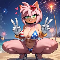 1girls ai_generated american_flag_bikini amy_rose beach bikini breasts cleavage crouch crouching double_v female fireworks furry furry_female gloves green_eyes high_heels huge_breasts navel pink_body seductive_look solo sonic_(series) sonic_the_hedgehog_(series) squatting stable_diffusion sunglasses sunglasses_on_head thick_thighs