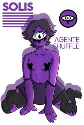 acs_(scp) agente_shuffle artist_name belly belly_button breast_sticker cyclops fishnet_armwear fishnets hands_on_floor kneeling logo one_eye purple_eyes purple_hair purple_skin runny_makeup scp_foundation short_hair sitting solis_(scp) stickers stickers_on_body torn_clothes torn_legwear torn_thighhighs