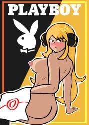 amematoi artist_signature ass breasts cynthia_(pokemon) grey_eyes magazine_cover nipples nude nude_female playboy_bunny pokemon simple_background simple_shading tagme yellow_hair