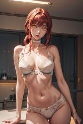 1girls ai_generated ai_generated_background belly_button braided_ponytail chainsaw_man light-skinned_female light_skin looking_at_viewer makima_(chainsaw_man) mature_female navel orange_hair platinum6969 standing white_bra white_panties