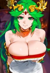 1girls ai_generated armlet bangs bare_shoulders blurry blush bracer breast_hold breasts clavicle cleavage clothing crown curvaceous curvaceous_female curvaceous_figure curvy curvy_figure dress female female female_focus female_only floxin forehead_jewel goddess gold green_eyes green_hair huge_breasts inviting inviting_to_sex jewelry kid_icarus large_breasts laurel_crown long_hair looking_at_viewer neck_ring necklace nintendo palutena parted_bangs presenting presenting_breasts seductive seductive_look seductive_smile smile solo strapless strapless_dress thighs tiara very_long_hair voluptuous voluptuous_female white_dress