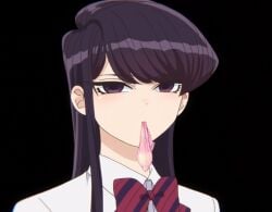 bangs black_background black_eyes black_hair bow bowtie clothing collared_shirt condom condom_in_mouth female female female_only komi-san_wa_komyushou_desu komi_shouko long_hair looking_at_viewer mouth_hold photoshop_(medium) portrait purple_eyes purple_hair school_uniform shirt simple_background solo third-party_edit uniform used_condom white_shirt