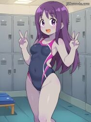 ai blush breasts collarbone colored_skin competition_swimsuit covered_navel cowboy_shot female highleg highleg_swimsuit indoors locker locker_room long_hair looking_at_viewer one-piece_swimsuit open_mouth original peace_sign purple_eyes purple_hair small_breasts smile solo standing swimsuit