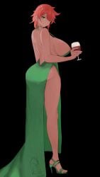 1girls alcohol areola_slip ass backless_outfit breasts cup dark-skinned_female dark_skin dat_ass dress evening_gown feet green_dress green_eyes hainomajoeraina hair_between_eyes hair_over_one_eye high_heels huge_ass huge_breasts looking_at_viewer lyra(itsnafulol) red_hair short_hair sideboob smile thick_thighs thighs tomboy wine wine_glass