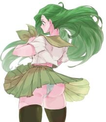 1girls alternate_costume annand_(fire_emblem) ass back_view bare_thighs blue_panties breasts female female_only fire_emblem fire_emblem:_genealogy_of_the_holy_war from_behind green_eyes green_hair large_ass large_breasts long_hair nintendo panties school_uniform schoolgirl short_sleeves skindentation skirt skirt_lift solo ta_dasu_(tadasu_hayashi) thick_thighs thighhighs thighs underwear upskirt very_long_hair white_background wind_lift