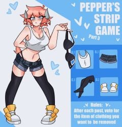 blue_eyes horns jean_shorts light_skin original original_character pepper_(triicksyn) pink_hair shoes shorts stockings strip_game stripping thighhighs triicksyn yellow_clothing