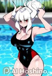 ai_generated blush female helltaker highres hoshino_ai_(generated) looking_at_viewer lucifer_(helltaker) ponytail portrait solo swimming_pool swimsuit swimwear thick_ass thick_thighs tying_hair upper_body water wet white_hair