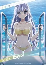 1girls bare_arms bare_belly bare_legs bare_shoulders bare_thighs belly_button big_breasts bikini blush breasts busty calendar_(medium) cleavage collarbone date_a_live getting_out_of_pool gold_bikini groin idol izayoi_miku large_breasts mouth_closed official_art pool_ladder purple_eyes purple_hair smile swimming_pool thighs underboob water wet_body wet_hair