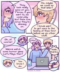 1boy 1girls bedroom bedroom_eyes blanket blonde_hair blush chips comic comic_page cuffs dialogue eating_food english_text female handcuffs heart laptop lying_on_bed male male/female pink_hair purple_hair speech_bubble sweat sweater text two_tone_hair welcome_to_heaven wrist_cuffs