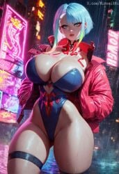 1girls ai ai_assisted ai_generated asymmetrical_hair bangs blue_eyes blue_hair breasts cleavage comic cyberpunk cyberpunk_2077 highleg_leotard huge_breasts jacket leotard lucyna_kushinada multicolored_hair neon_lights open_clothes short_hair solo solo_focus thick_thighs thigh_strap thighhighs wet