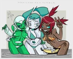 alternate_version_available aya_(green_lantern) banana bikini crossover dc dc_comics green_lantern_(series) jenny_wakeman my_life_as_a_teenage_robot pennicandies sari_sumdac tagme transformers transformers_animated xj-9