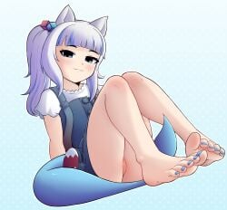 1girls animal_ears blue_eyes cat_ears clothing commission dress feet feet_focus female female_focus female_only flashing gawr_gura hi_res highres hololive hololive_english hololive_myth knees_together konanexe looking_at_viewer no_bra no_panties no_underwear ponytail shark_girl shark_tail smug smug_face white_hair