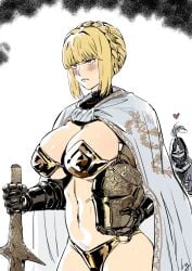 1girls belly belly_button big_breasts bikini blonde_female blonde_hair blonde_hair_female blush blushing busty cape elden_ring embarrassed female female_only fromsoftware gold_eyes golden_bikini golden_hair golden_retriever helmet holding_helmet holding_sword holding_weapon huge_breasts knight knightess large_breasts liangjushuang light-skinned_female light_skin mostly_clothed needle_knight_leda partially_clothed pose posing revealing_clothes revealing_swimsuit shadow_of_the_erdtree sword tarnished thick thick_thighs thighs tummy weapon