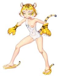 2020 action_taimanin animal_ears animal_hands bandaid bandaid_on_knee bandaid_on_leg blonde_hair breasts claws covered_navel embarrassed female green_eyes highres nipples official_art one-piece_swimsuit one_breast_out perky_nipples petite petite_body petite_breasts petite_female sandals school_swimsuit shoes short_hair small_breasts solo swimsuit tail taimanin_(series) taimanin_rpgx tiger_ears tiger_girl tiger_paws tiger_tail torajiro_(taimanin_series) torn_clothes torn_swimsuit wardrobe_malfunction young young_female young_woman zol