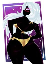 2024 alien alien_girl alien_humanoid black_body black_skin deviantart deviantart_link duck_dodgers facial_mark female female_only gold_bikini gold_bra gold_panties golden_bikini golden_bra long_hair looking_back looking_back_at_viewer looney_tunes martian martian_(duck_dodgers) purple_eyes queen_tyr&#039;ahnee side-tie_bikini side-tie_panties solo solo_female swimsuit thick_thighs twitter_link warner_brothers white_hair xan-gelx(xan) xan13