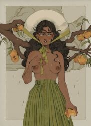 1girls apricot cloud female female_only fruit half-dressed hat holding_food karlovycross looking_at_viewer rain raining skirt tree