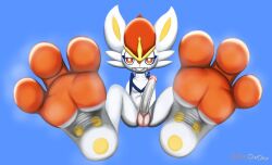 3_toes anthro balls bodily_fluids cinderace feet foot_fetish foot_focus foreskin generation_8_pokemon genital_fluids genitals hi_res looking_at_viewer male male_only nintendo nomi0w0xx penis pokemon pokemon_(species) precum soles solo solo_male toes wrinkled_feet wrinkles