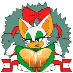 2017 absurd_res anthro areola bat big_breasts breasts christmas clothed clothing cum disembodied_hand eyelashes female hi_res holidays huge_breasts looking_at_viewer makeup mammal marthedog nipples open_mouth plant ribbons rouge_the_bat sega smile solo sonic_(series) teeth video_games wreath