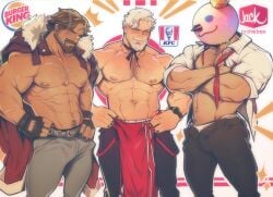 balls bara beard blush bulge burger_king colonel_sanders crossed_arms dilf facial_hair flaccid holo_eden jack_box jack_in_the_box kfc male male_only mascot masked_male muscles muscular partially_clothed penis shirtless the_king_(burger_king)