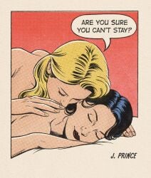 2girls bed black_hair blonde_hair closed_eyes dark_hair female female_only jenifer_prince kissing kissing_neck light_hair light_hair_on_dark_hair multiple_girls neck_kiss neck_kissing speech_bubble vintage wholesome yuri