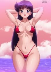 alluring armpits bare_legs beach big_breasts bikini bishoujo_senshi_sailor_moon female highres magical_girl navel nipples pinup purple_eyes purple_hair red_swimsuit rei_hino sailor_mars small_breasts swimsuit tagme teenage_girl underboob zel-sama