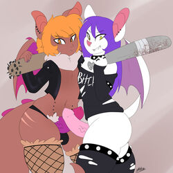 bat clothing erection fishnet gang grey_background helmed_(character) kaz_(kazudanefonfon) kikiluv17 legwear male mammal punk simple_background thigh_highs weapon wings yaoi