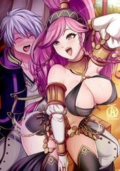 1boy alternate_costume ass_shake blush breasts buttjob dancing female fire_emblem fire_emblem_awakening fire_emblem_heroes grinding lapdance large_breasts nintendo olivia_(fire_emblem) olivia_(performing_arts)_(fire_emblem) open_mouth pink_eyes pink_hair ponytail revolverwingstudios robin_(fire_emblem) robin_(fire_emblem)_(male) rubbing skirt sweat thighs tied_hair white_hair wide_hips