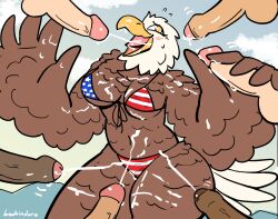 4th_of_july accipitrid accipitriform american_flag_bikini anthro avian bald_eagle beak bikini bird bodily_fluids breasts bukkake clothing cum cum_in_mouth cum_inside cumshot disembodied_penis dubindore eagle ejaculation feathered_wings feathers female flag_bikini gangbang genital_fluids genitals group group_sex handjob hi_res holidays human human_on_anthro humanoid_genitalia humanoid_penis interspecies male male/female mammal non-mammal_breasts open_beak open_mouth penile penis sea_eagle sex swimwear thick_thighs two-piece_swimsuit winged_arms wings yellow_eyes