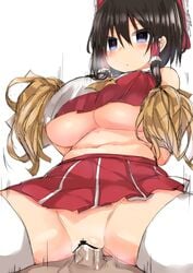 1boy adapted_costume bar_censor black_hair blue_eyes bow breasts censored cheerleader crop_top cum cum_in_pussy female golgi_hon hair_tubes hairbow heart heart-shaped_pupils highres large_breasts miniskirt navel penis pleated_skirt pom_poms red_bow red_skirt reimu_hakurei shiny shiny_hair sidelocks simple_background sitting skirt straight symbol-shaped_pupils thighhighs touhou underboob white_background white_legwear