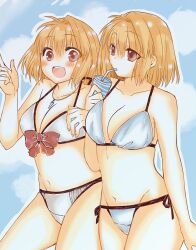 2323astronomy 2girls arcueid_brunestud big_breasts bikini blonde_hair blush carnival_phantasm curvy dual_persona huge_boobs huge_breasts large_boobs large_breasts melty_blood multiple_girls navel necklace red_eyes short_hair soda swimsuit thick_thighs tsukihime tsukihime_(remake) twins