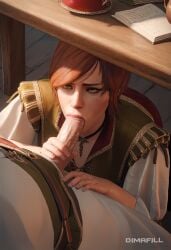 ai_generated blowjob dimafill fellatio female light-skinned_female light-skinned_male looking_up male penis red_hair shani sucking_penis the_witcher_(series) the_witcher_3:_wild_hunt under_the_table