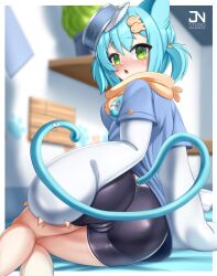 accessory animal_ears animal_humanoid armwear artist_name bed bed_sheet bedding bedroom big_butt black_bottomwear black_clothing blue_bed_sheet blue_bedding blue_clothing blue_ears blue_hair blue_shirt blue_tail blue_topwear blush blushing_at_viewer bottomwear breasts bubble_butt butt butt_focus canned_food cat_humanoid clothed clothing domestic_cat felid felid_humanoid feline feline_humanoid felis female female_humanoid furniture green_eyes hair hair_accessory headgear headwear hi_res humanoid indie_virtual_youtuber inside jnstudio krumroll light-skinned_female light_body light_skin looking_at_viewer looking_back looking_back_at_viewer mammal mammal_humanoid medium_breasts neckwear open_can open_mouth orange_clothing pillow plant plant_pot potted_plant shirt signature solo tail teeth thick_thighs tongue topwear tuna_can virtual_youtuber vtuber white_armwear white_clothing white_pillow