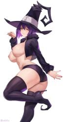 blair_(soul_eater) blush breasts_out catgirl female_focus high_heels iwbitu large_breasts looking_at_viewer no_bra one_eye_closed open_jacket purple_hair short_shorts soul_eater wink witch witch_hat yellow_eyes