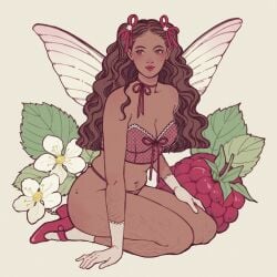 berries berry bow_ribbon butterfly_wings fae fairy fairy_wings female female_only insect_wings karlovycross kneeling pointy_ears raspberry red_bow red_underwear sitting_on_knees underwear wavy_hair