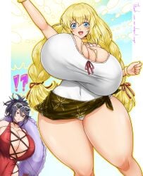 2girls alternate_breast_size big_breasts black_hair blonde_hair blue_eyes breasts cleavage colette_brunel enormous_breasts fujibayashi_sheena gigantic_breasts happy hips huge_breasts huge_hips huge_thighs large_breasts long_hair looking_at_viewer massive_breasts sheena_fujibayashi tales_of_(series) tales_of_symphonia thick_thighs thighs wide_hips