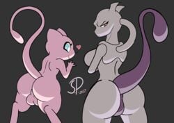 1boy 1girls 2017 anthro ass back big_breasts blue_eyes breasts duo eyelashes feline female frown furry girly half-closed_eyes heart horn legendary_pokémon looking_at_viewer looking_back male mammal mew mewtwo nintendo nude pokemon pokemon_(species) purple_eyes red_eyes saucepit_(artist) sideboob simple_background smile testicles text video_games