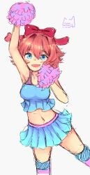 adorable blue_eyes cheerleader cheerleader_outfit cheerleader_uniform coral_pink_hair crunnix doki_doki_literature_club just_sayori navel outfit pom_poms pov pov_eye_contact sayori_(doki_doki_literature_club) strawberry_blonde_hair uniform wholesome