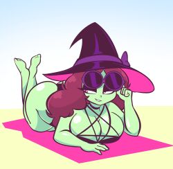 ass beach breasts eyeshadow green_body half-closed_eyes jek_korpen lying_on_stomach oc one-piece_swimsuit sunglasses tagme tagme_(character) thighs witch_hat